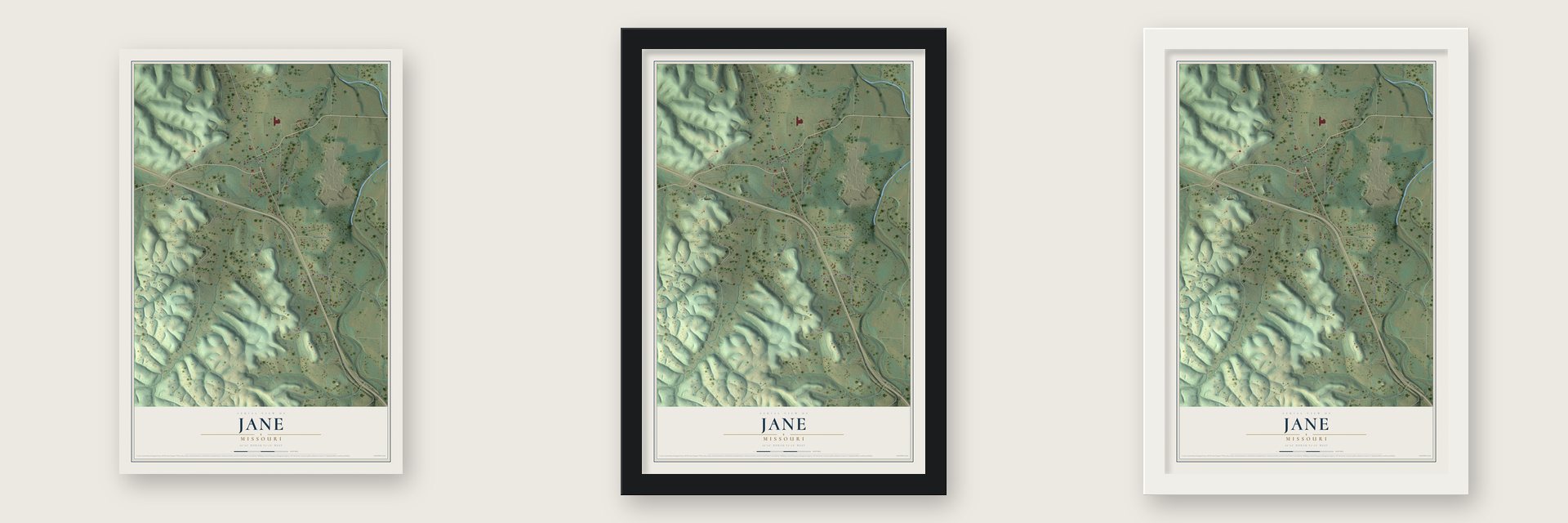 Jane, Missouri map unframed, in a black wood frame and in a white wood frame