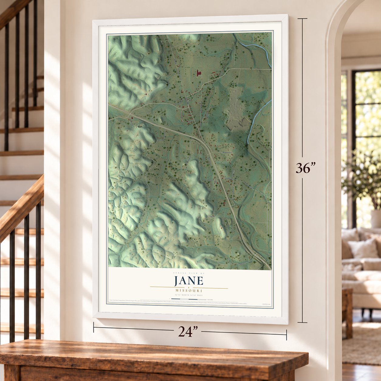 Jane, Missouri map, 24 x 36 inch print in a white frame by a staircase