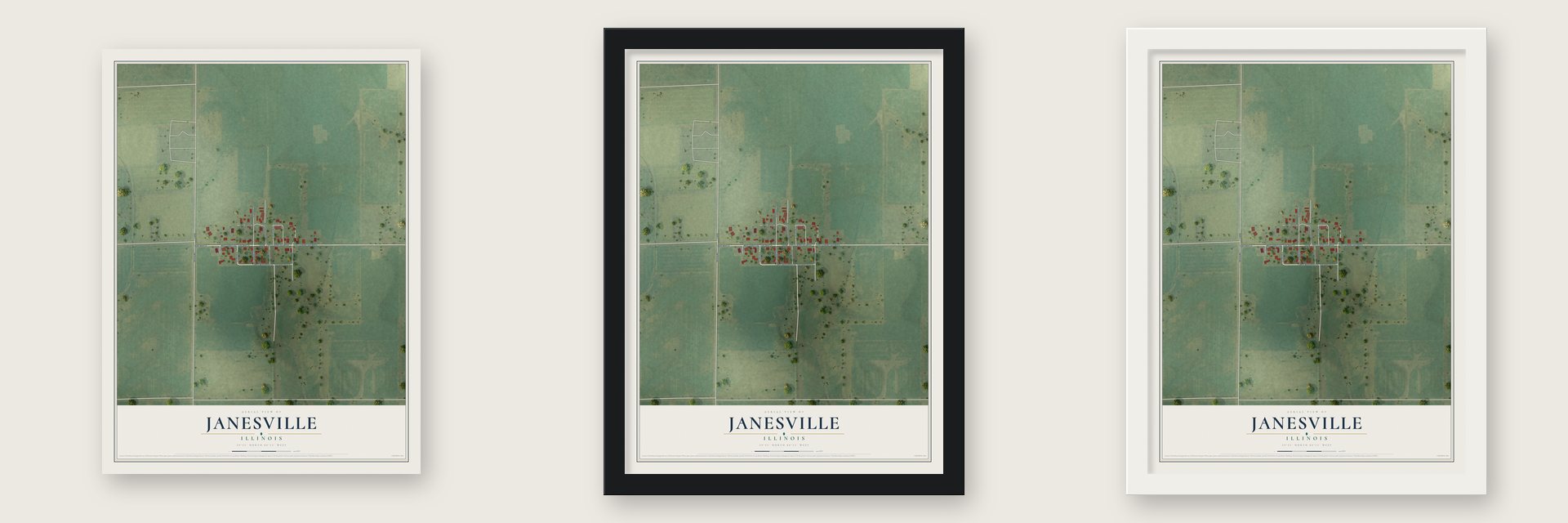 Janesville, Illinois map unframed, in a black wood frame and in a white wood frame