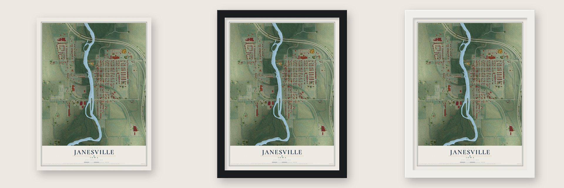Janesville, Iowa map unframed, in a black wood frame and in a white wood frame