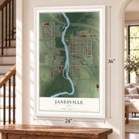 Janesville, Iowa map, 24 x 36 inch print in a white frame by a staircase