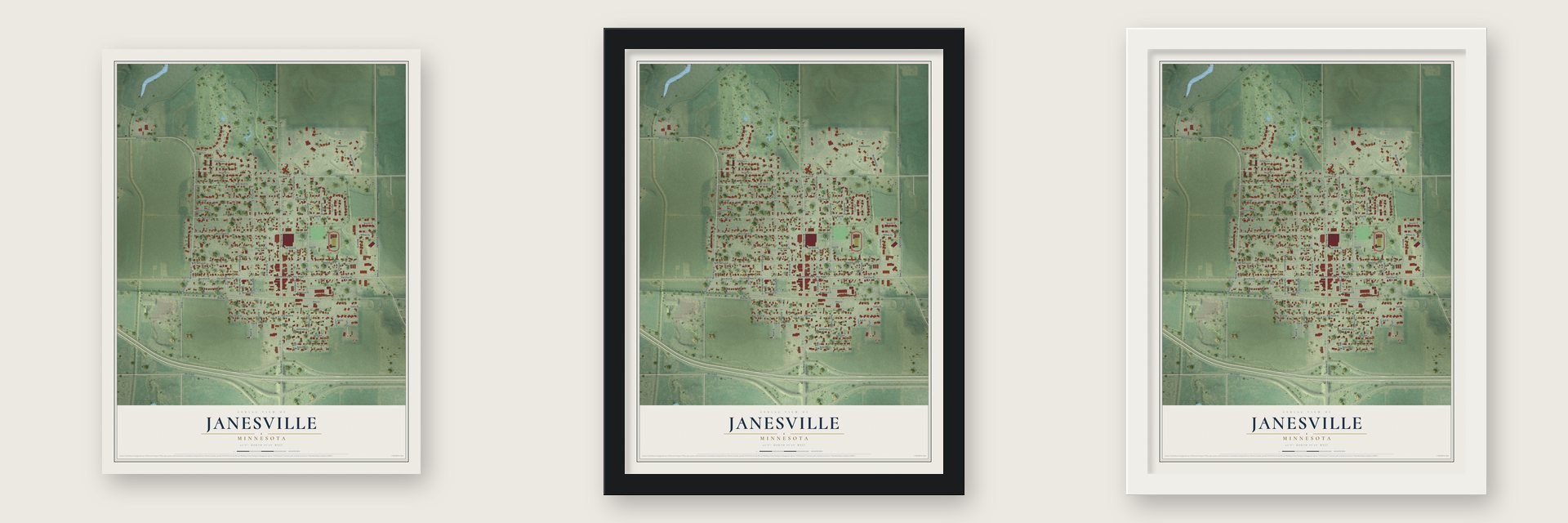 Janesville, Minnesota map unframed, in a black wood frame and in a white wood frame