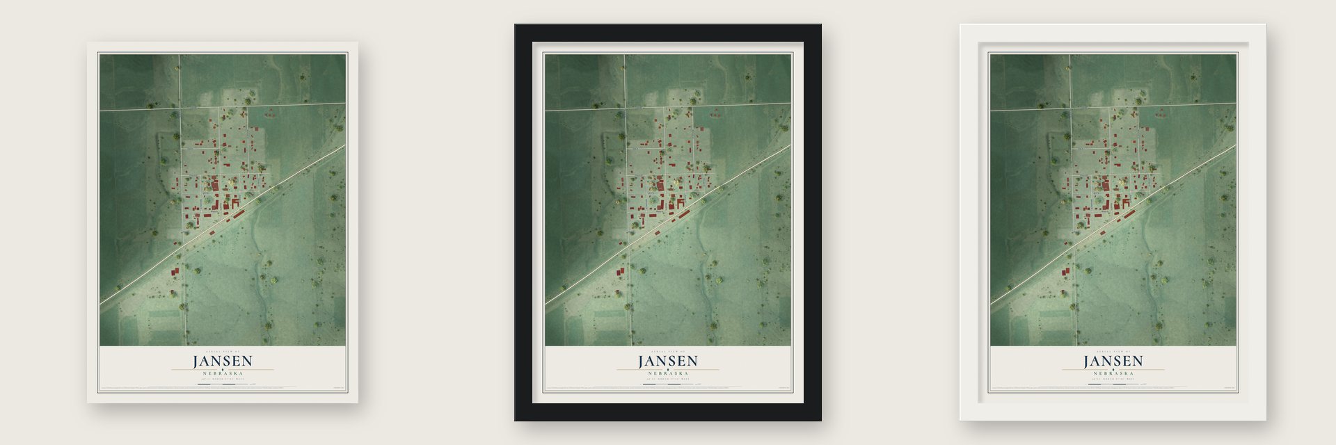 Jansen, Nebraska map unframed, in a black wood frame and in a white wood frame