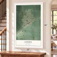 Jansen, Nebraska map, 24 x 36 inch print in a white frame by a staircase