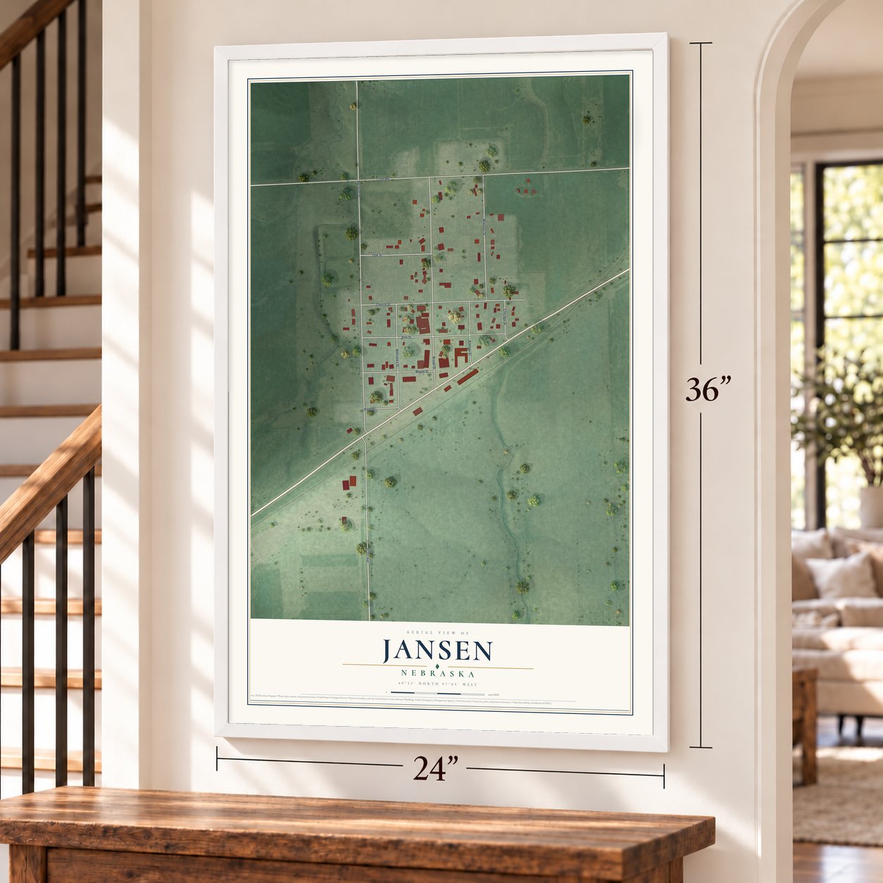 Jansen, Nebraska map, 24 x 36 inch print in a white frame by a staircase
