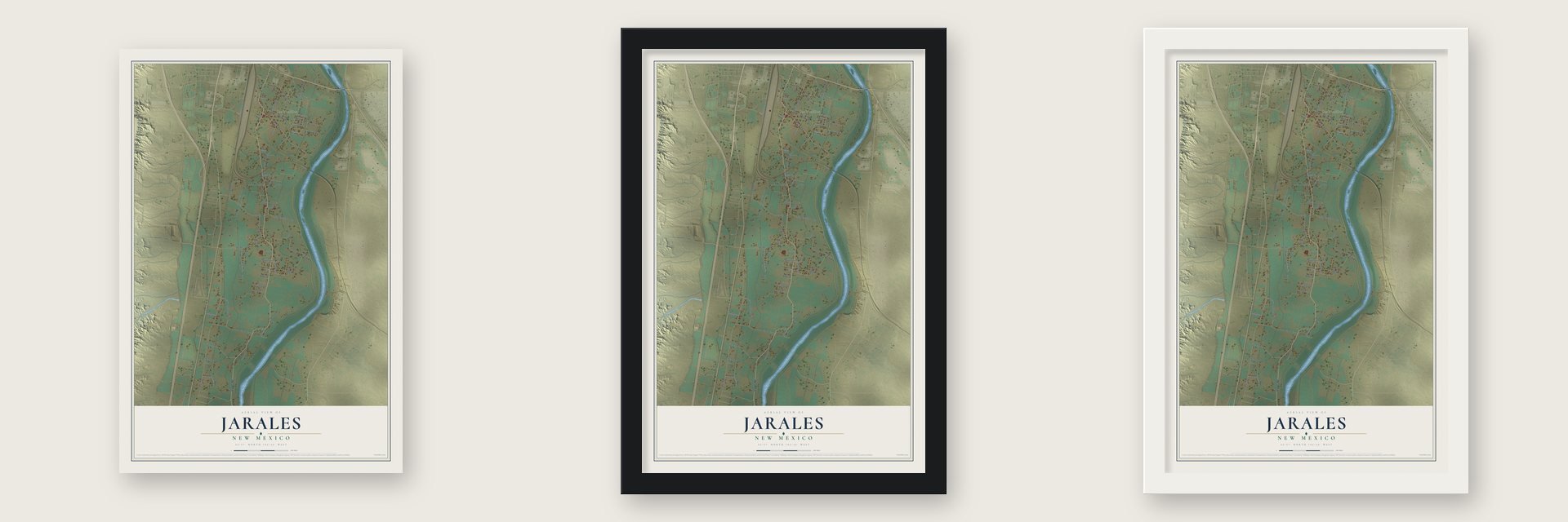 Jarales, New Mexico map unframed, in a black wood frame and in a white wood frame