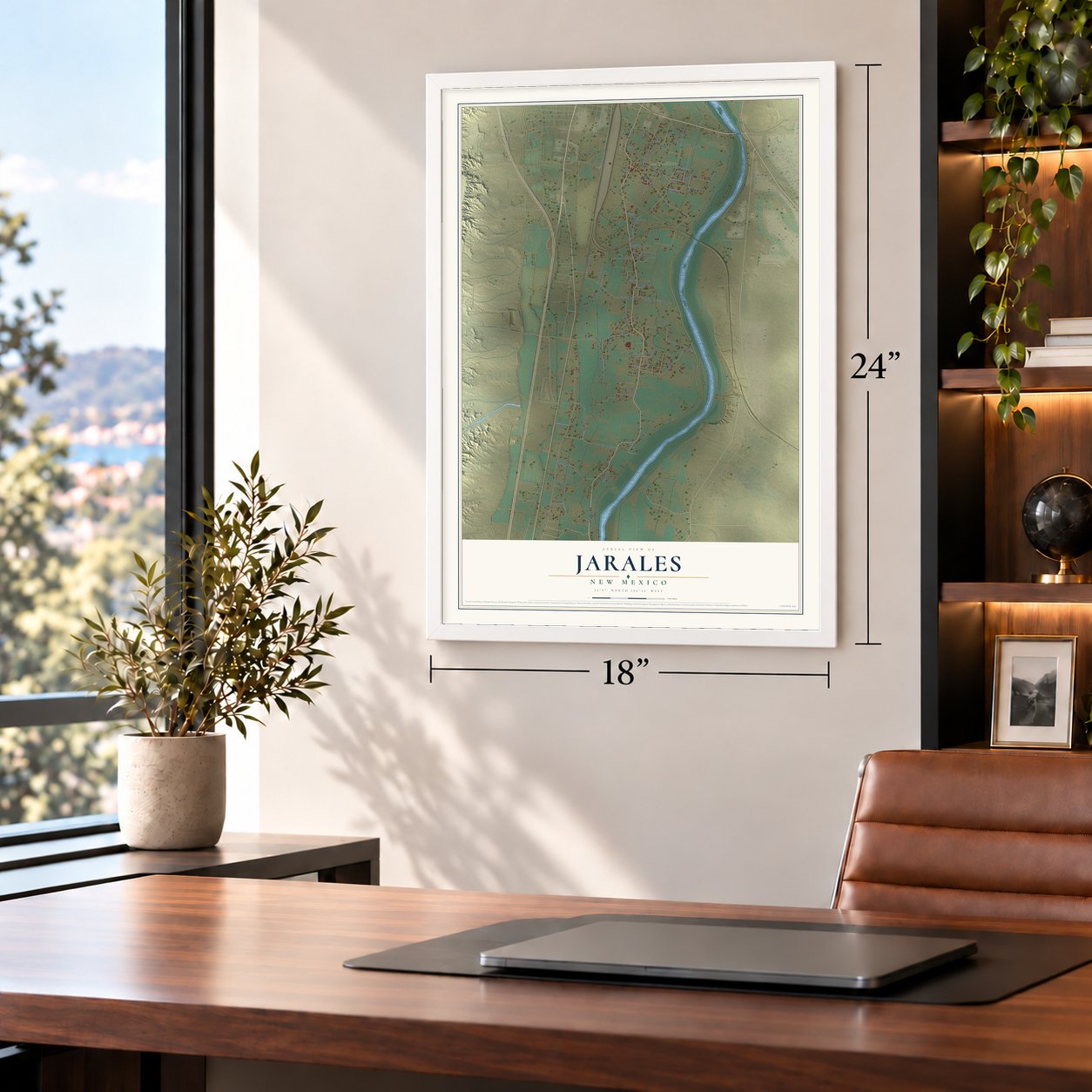 Jarales, New Mexico map, 18 x 24 inch print in a white frame in a home office