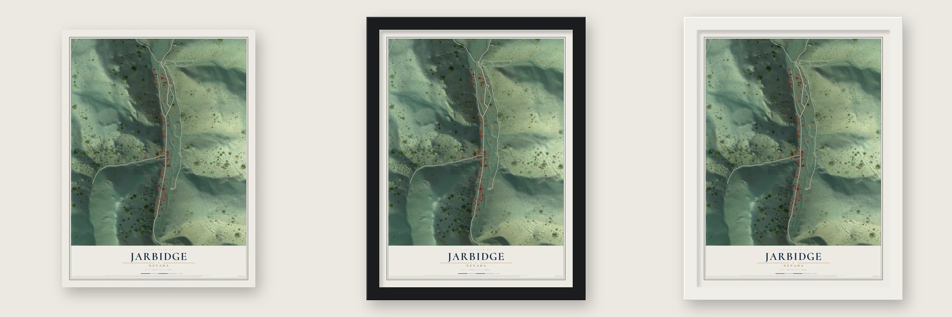 Jarbidge, Nevada map unframed, in a black wood frame and in a white wood frame