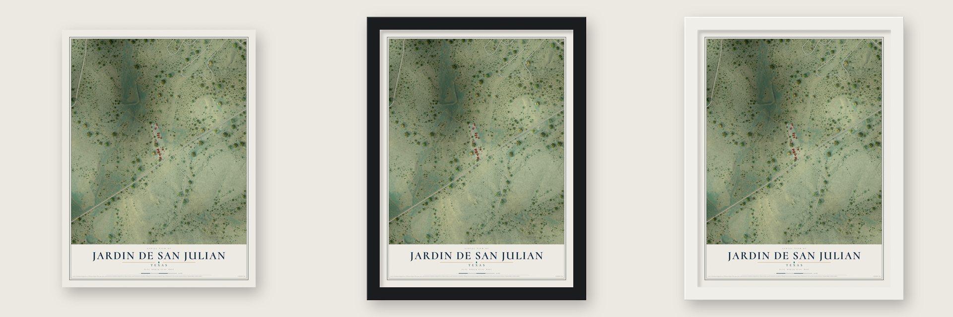 Jardin de San Julian, Texas map unframed, in a black wood frame and in a white wood frame