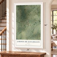 Jardin de San Julian, Texas map, 24 x 36 inch print in a white frame by a staircase