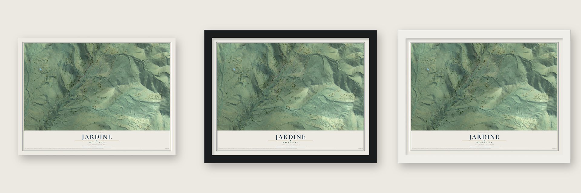 Jardine, Montana map unframed, in a black wood frame and in a white wood frame
