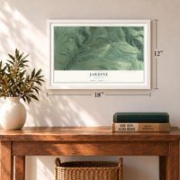 Jardine, Montana map, 12 x 18 inch print in a white frame in an entryway