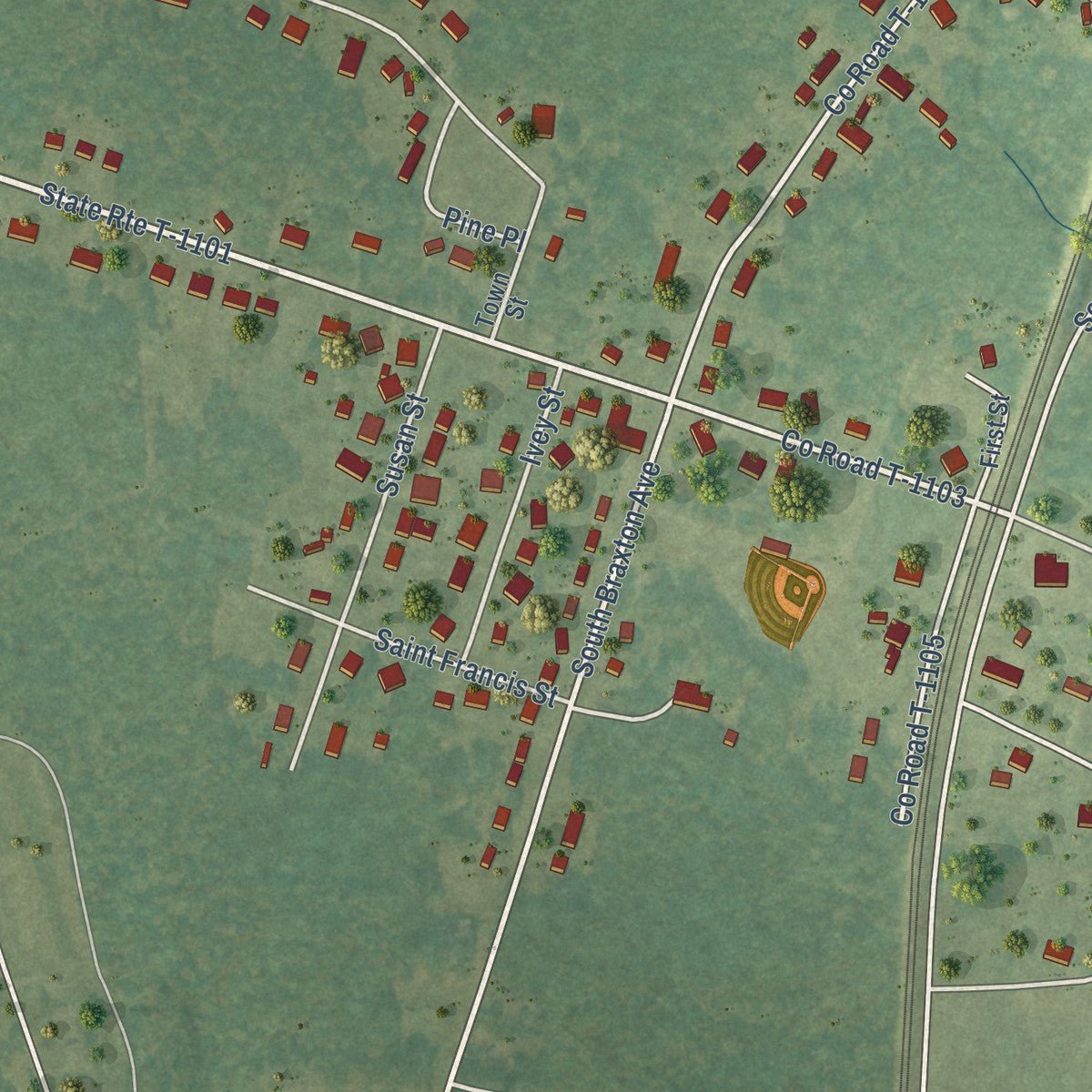 Second close-up of the map of Jarratt, Virginia print showing more streets and buildings