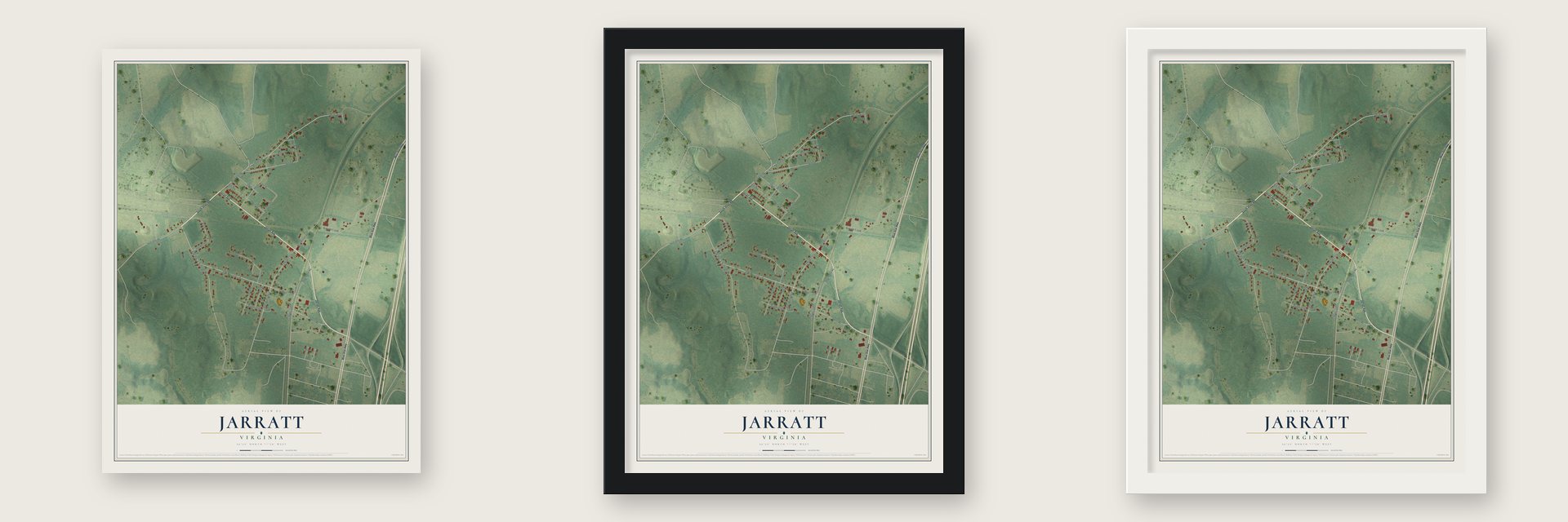 Jarratt, Virginia map unframed, in a black wood frame and in a white wood frame