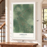 Jarratt, Virginia map, 24 x 36 inch print in a white frame by a staircase