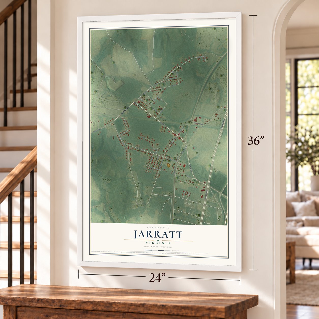 Jarratt, Virginia map, 24 x 36 inch print in a white frame by a staircase