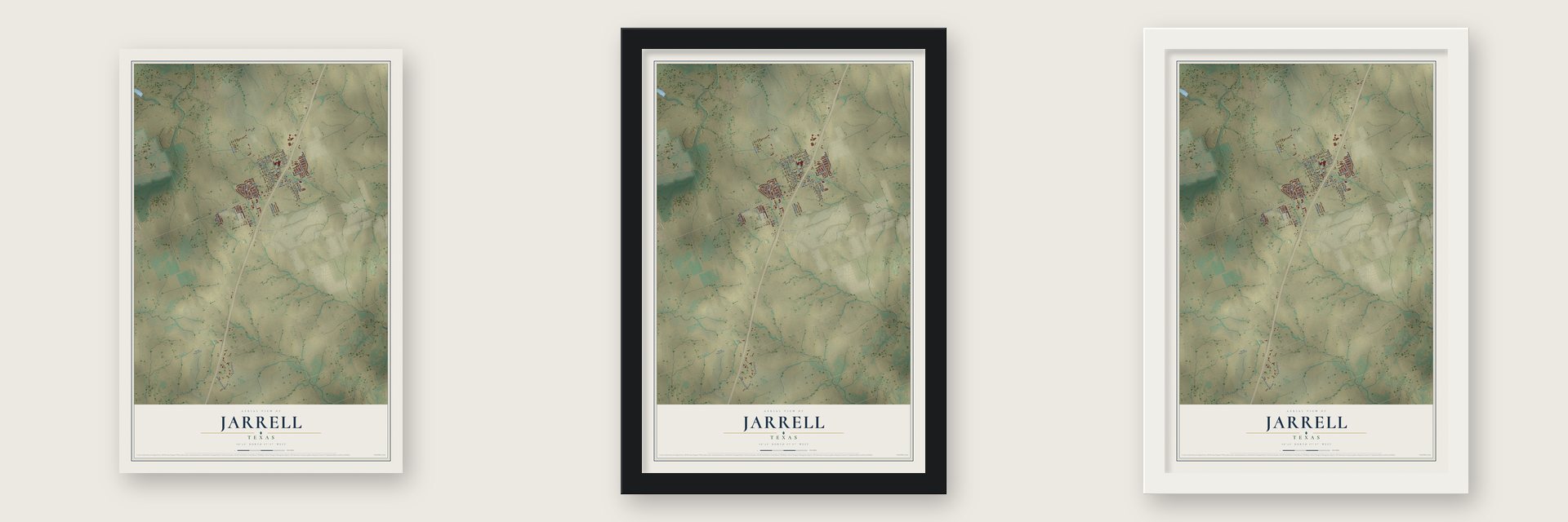 Jarrell, Texas map unframed, in a black wood frame and in a white wood frame