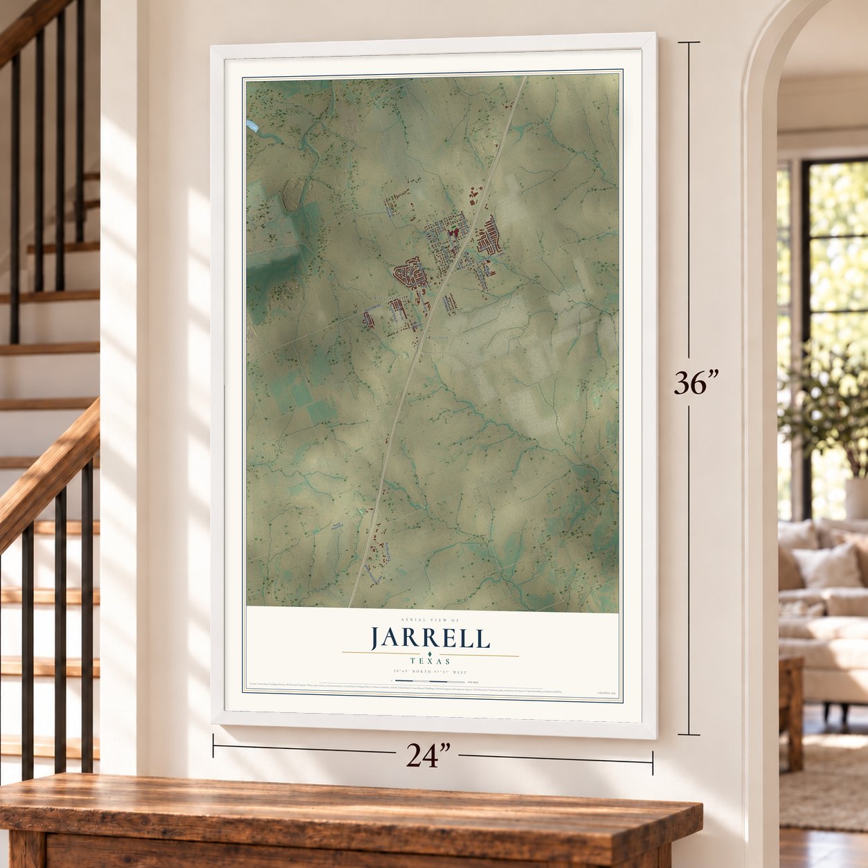 Jarrell, Texas map, 24 x 36 inch print in a white frame by a staircase