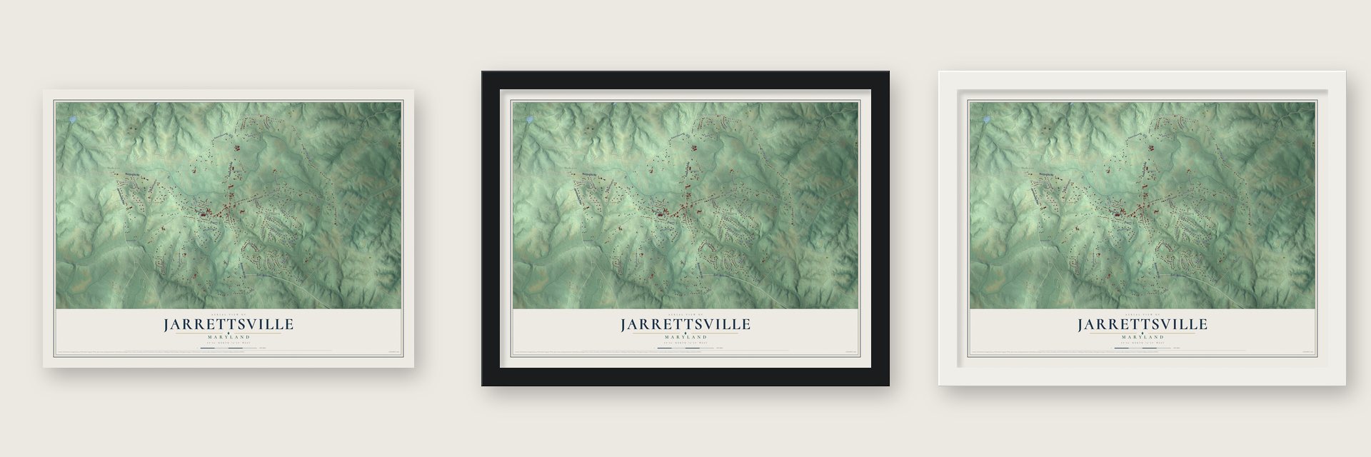 Jarrettsville, Maryland map unframed, in a black wood frame and in a white wood frame