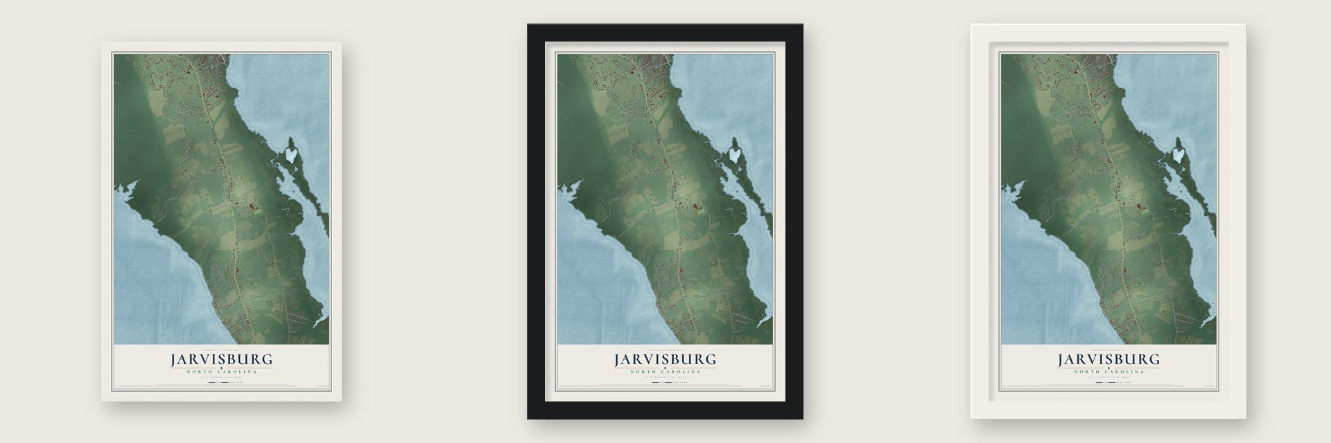Jarvisburg, North Carolina map unframed, in a black wood frame and in a white wood frame