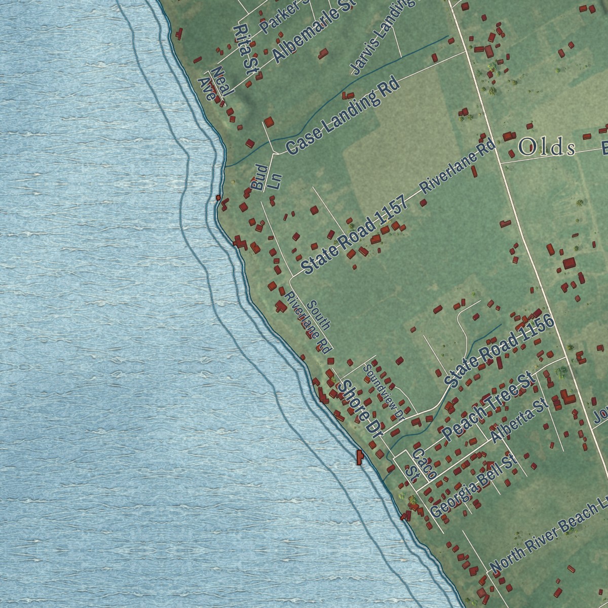 Second close-up of the map of Jarvisburg, North Carolina print showing more streets and buildings