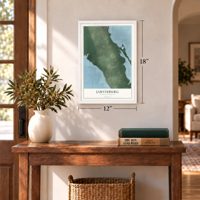 Jarvisburg, North Carolina map, 12 x 18 inch print in a white frame in an entryway