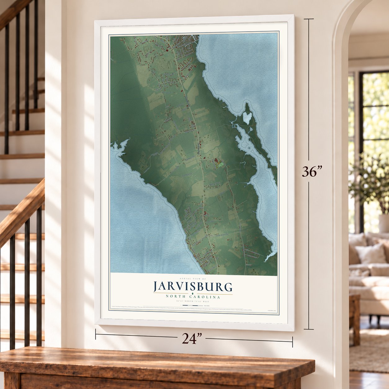 Jarvisburg, North Carolina map, 24 x 36 inch print in a white frame by a staircase
