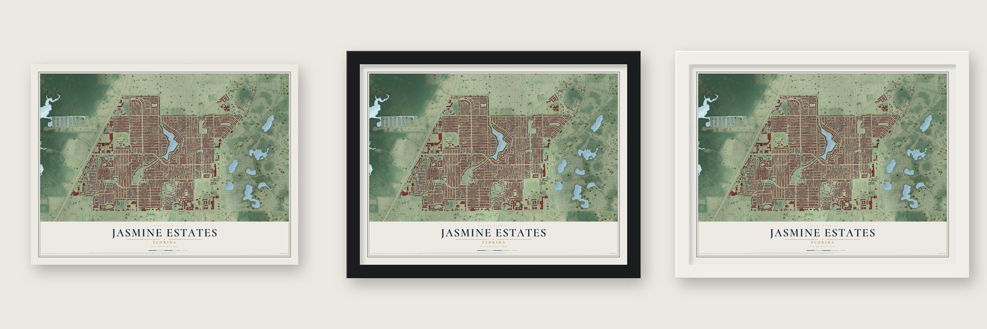 Jasmine Estates, Florida map unframed, in a black wood frame and in a white wood frame