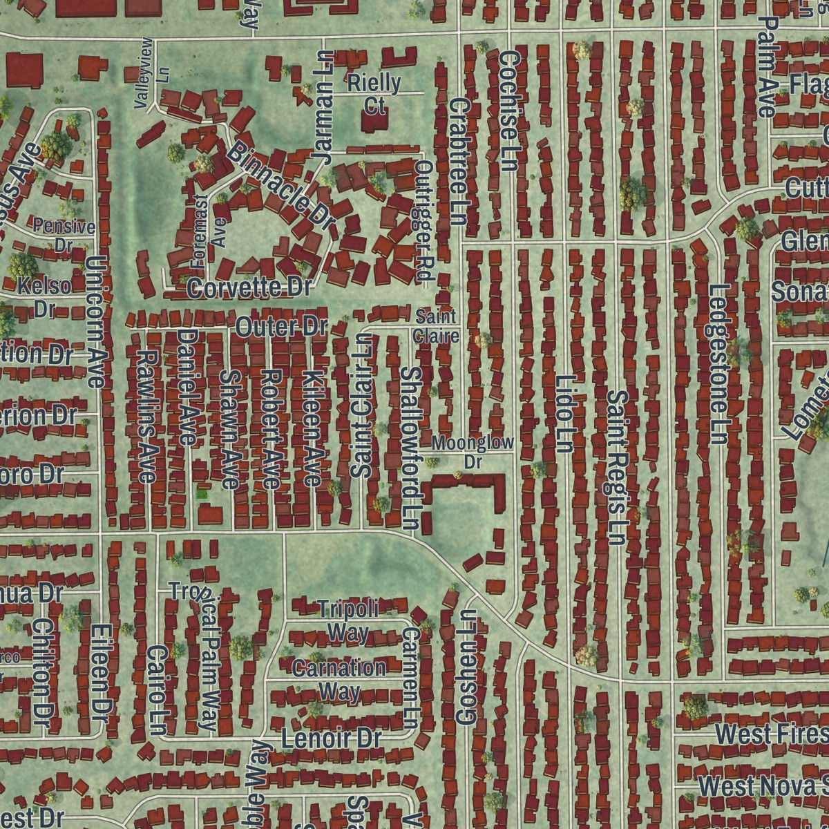 Second close-up of the map of Jasmine Estates, Florida print showing more streets and buildings