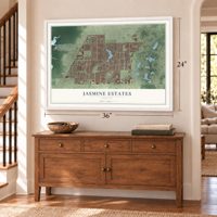 Jasmine Estates, Florida map, 24 x 36 inch print in a white frame above a dresser by a staircase
