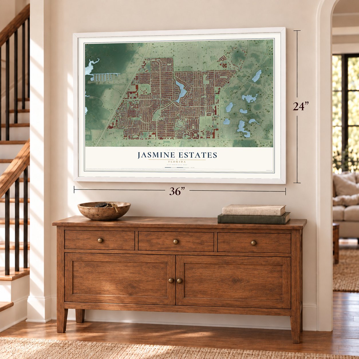 Jasmine Estates, Florida map, 24 x 36 inch print in a white frame above a dresser by a staircase
