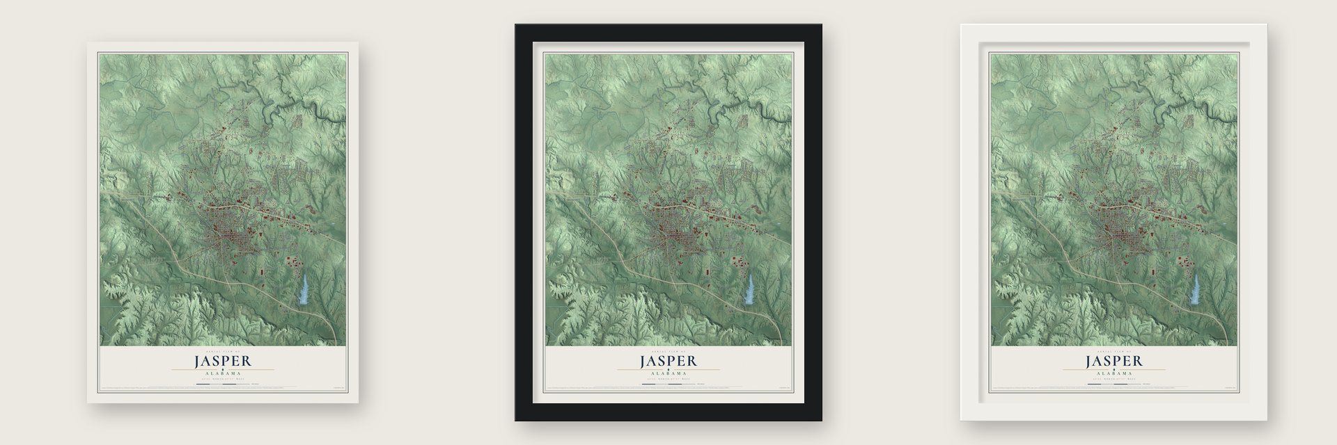 Jasper, Alabama map unframed, in a black wood frame and in a white wood frame