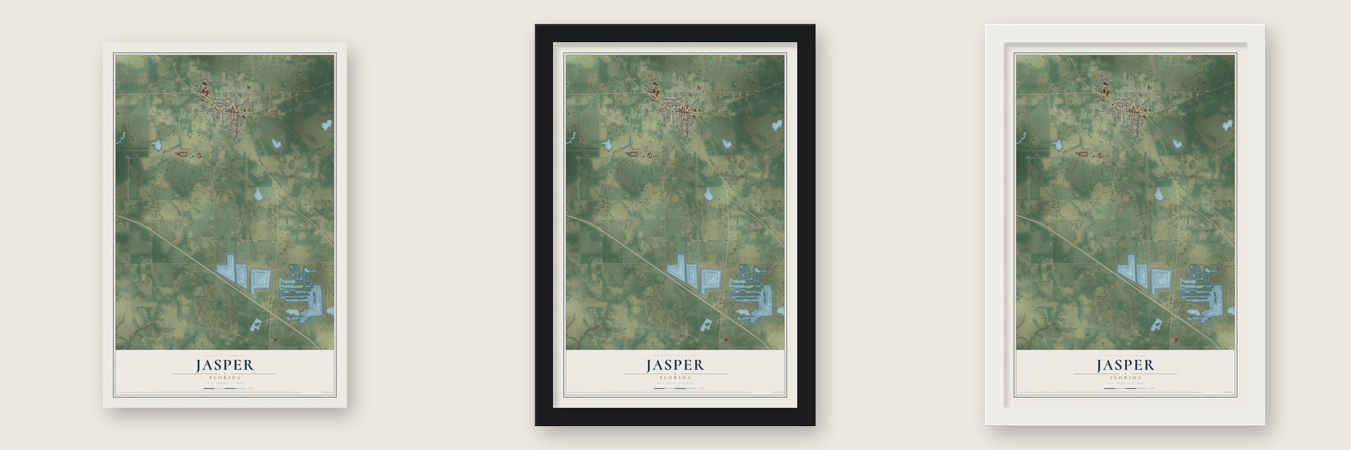 Jasper, Florida map unframed, in a black wood frame and in a white wood frame