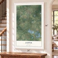 Jasper, Florida map, 24 x 36 inch print in a white frame by a staircase
