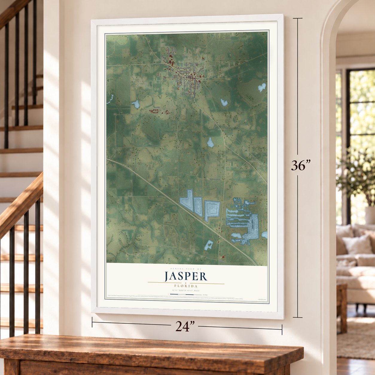 Jasper, Florida map, 24 x 36 inch print in a white frame by a staircase