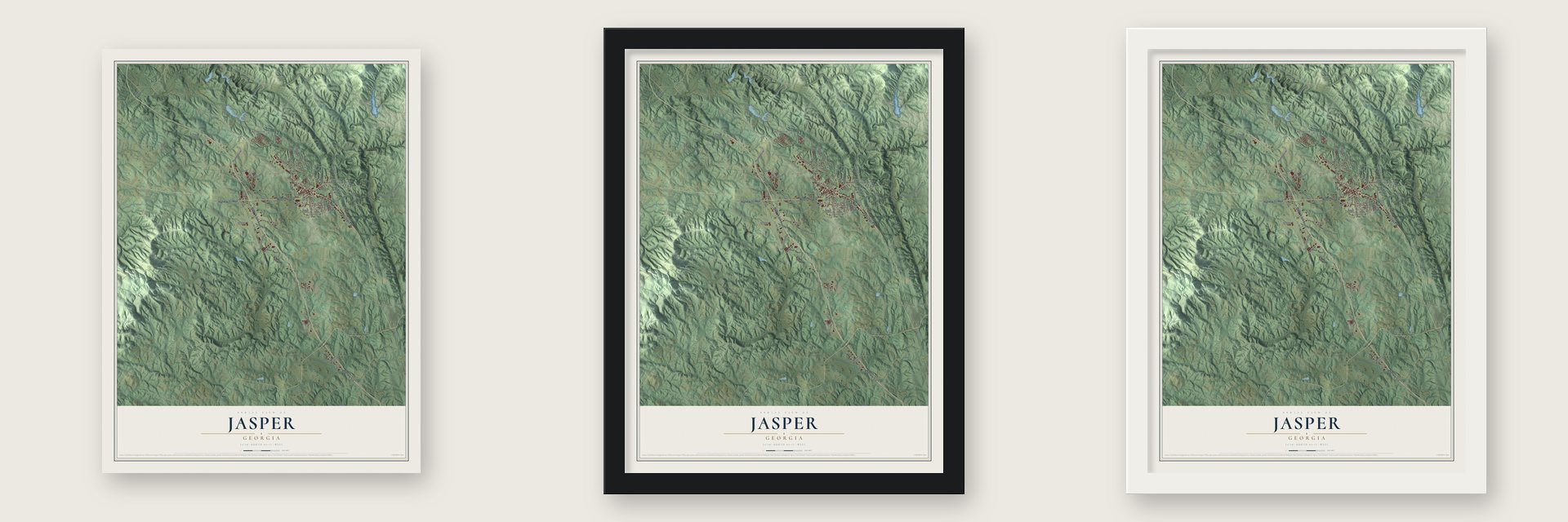 Jasper, Georgia map unframed, in a black wood frame and in a white wood frame