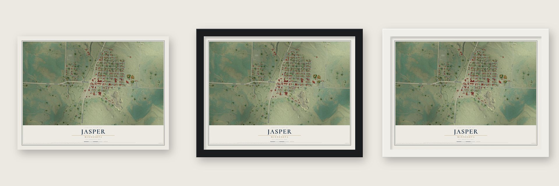 Jasper, Minnesota map unframed, in a black wood frame and in a white wood frame