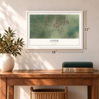 Jasper, Minnesota map, 12 x 18 inch print in a white frame in an entryway