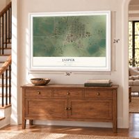 Jasper, Minnesota map, 24 x 36 inch print in a white frame above a dresser by a staircase