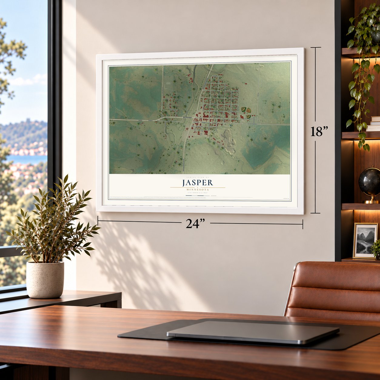 Jasper, Minnesota map, 18 x 24 inch print in a white frame in a home office