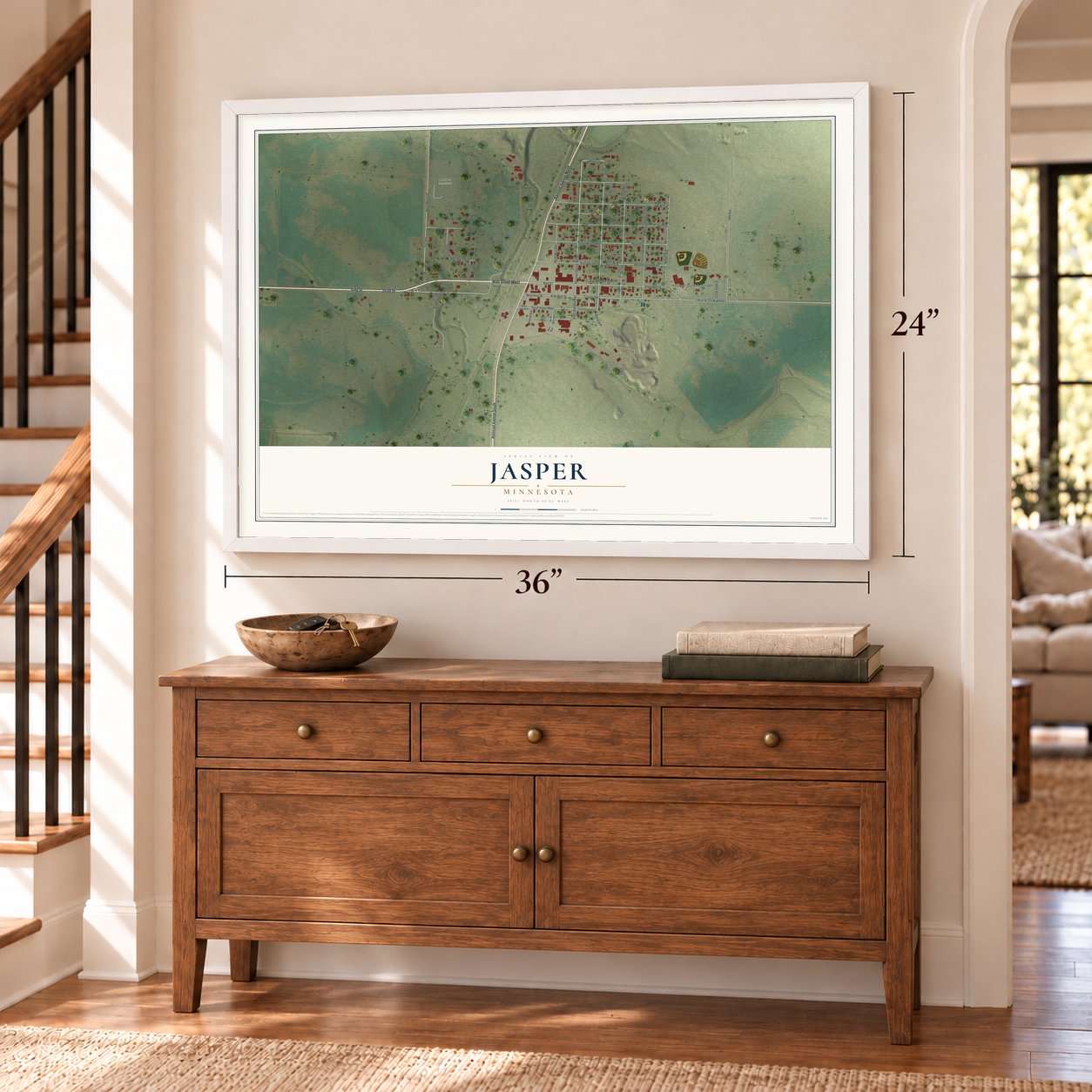 Jasper, Minnesota map, 24 x 36 inch print in a white frame above a dresser by a staircase
