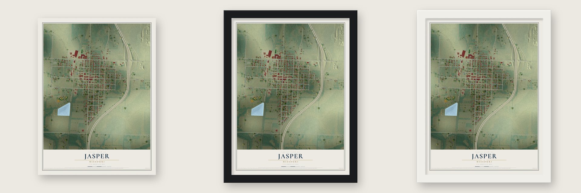 Jasper, Missouri map unframed, in a black wood frame and in a white wood frame
