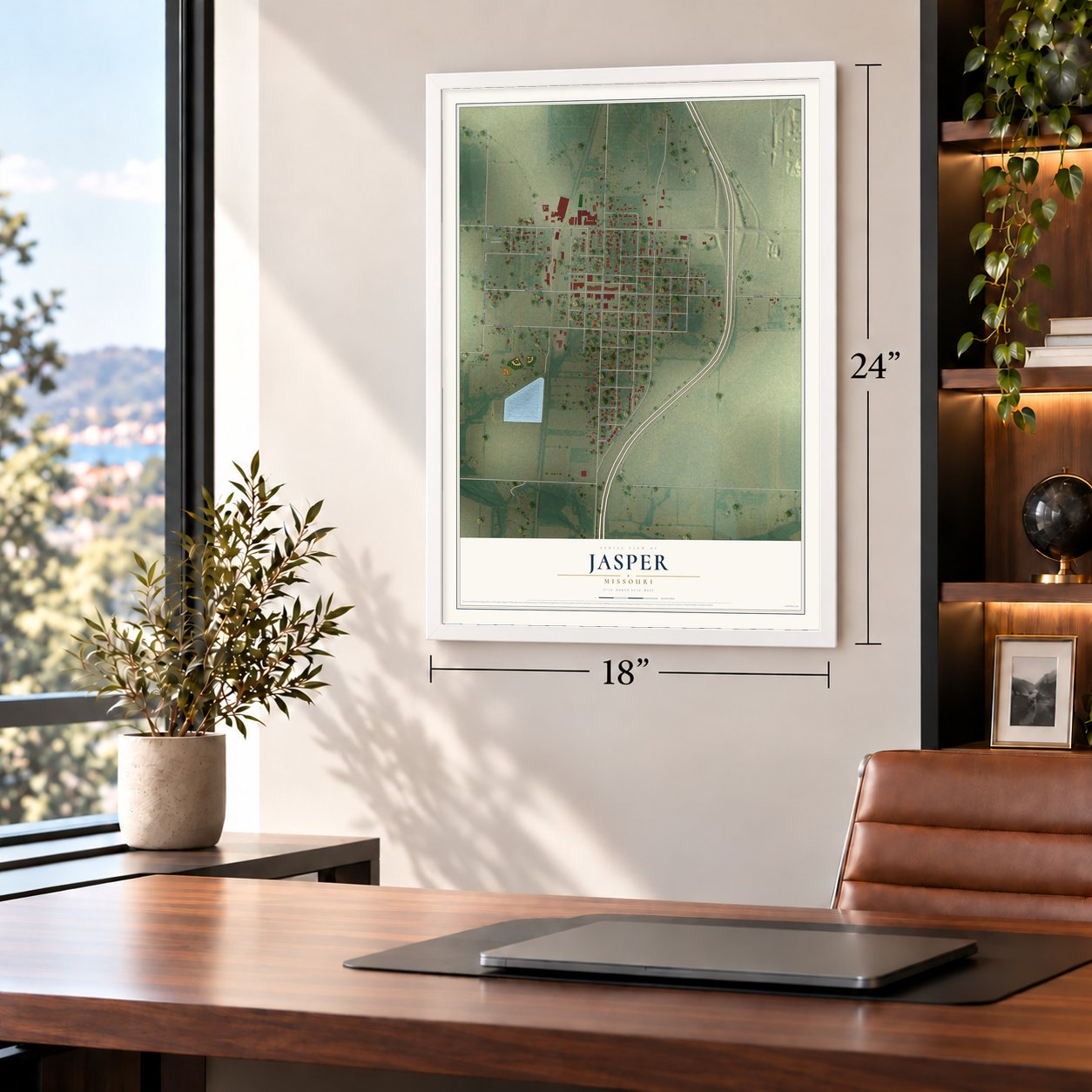 Jasper, Missouri map, 18 x 24 inch print in a white frame in a home office