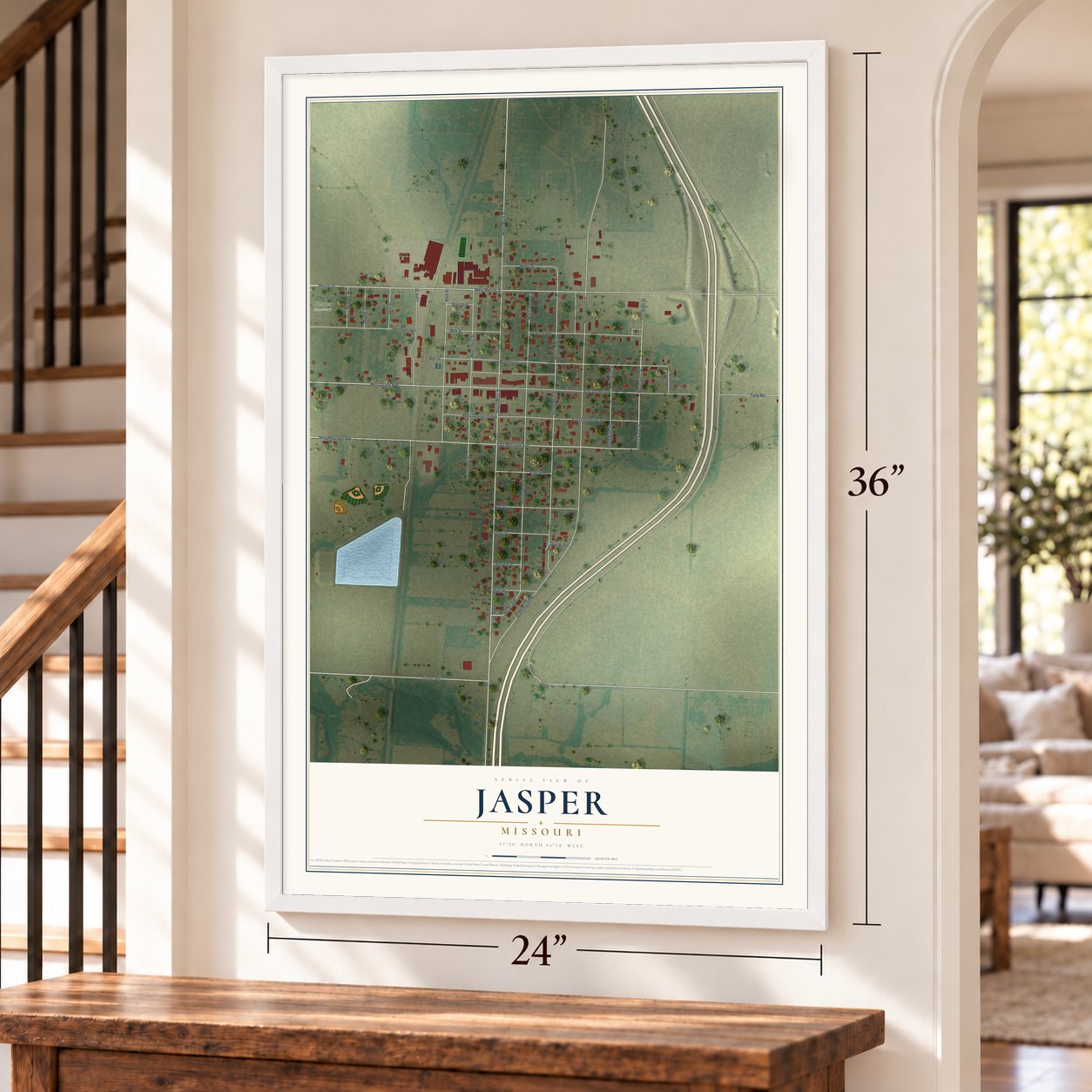 Jasper, Missouri map, 24 x 36 inch print in a white frame by a staircase
