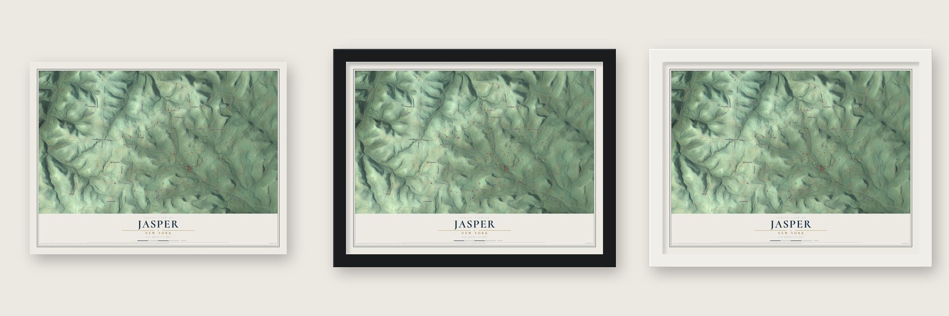 Jasper, New York map unframed, in a black wood frame and in a white wood frame