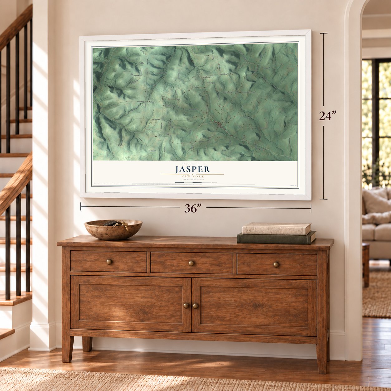 Jasper, New York map, 24 x 36 inch print in a white frame above a dresser by a staircase