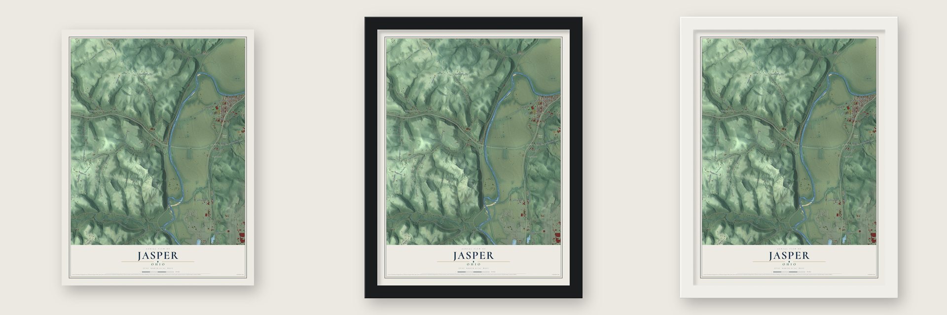 Jasper, Ohio map unframed, in a black wood frame and in a white wood frame