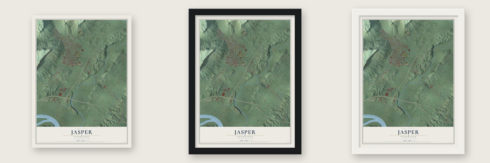 Jasper, Tennessee map unframed, in a black wood frame and in a white wood frame