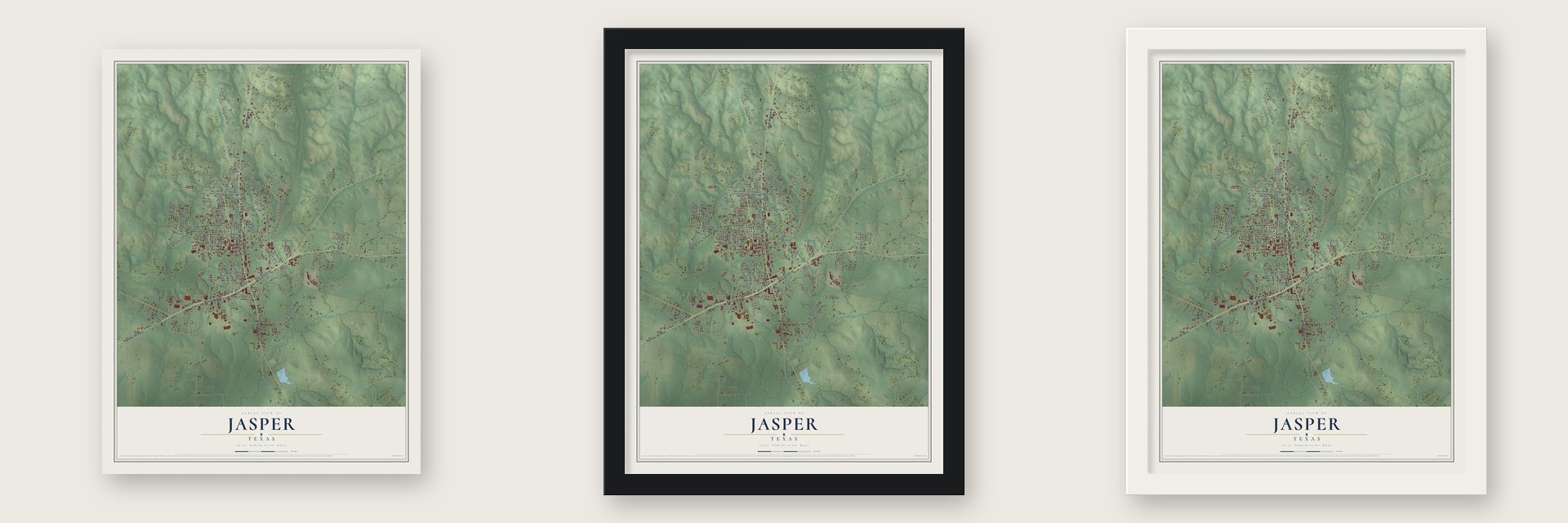 Jasper, Texas map unframed, in a black wood frame and in a white wood frame