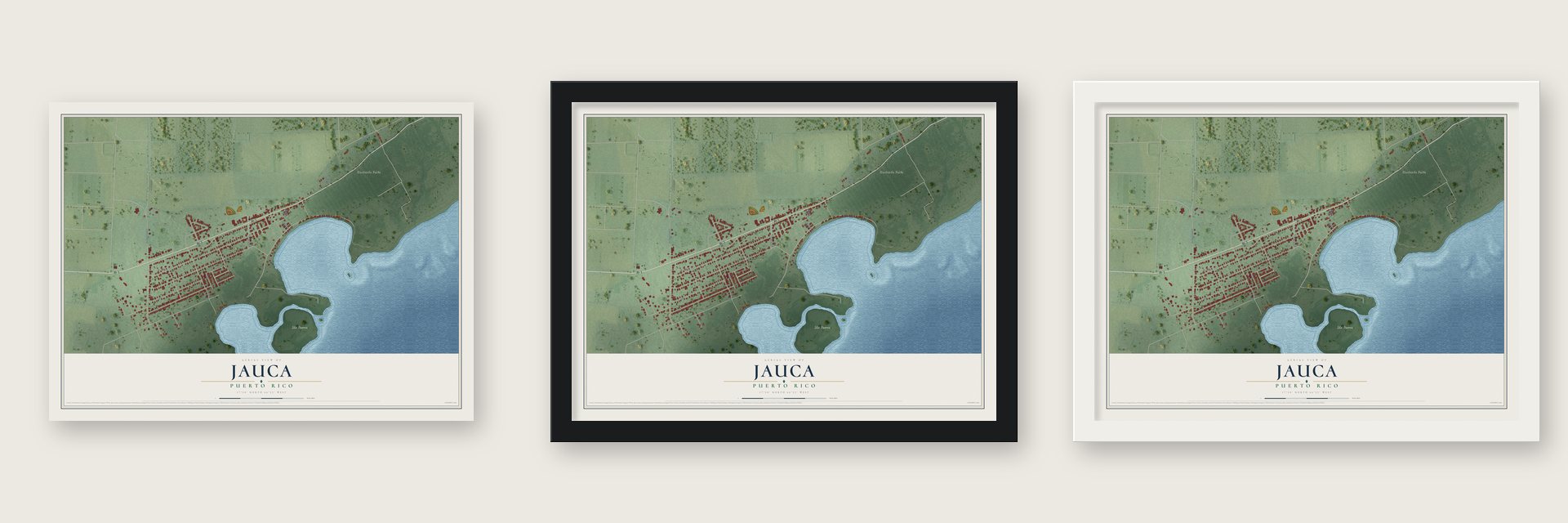 Jauca, Puerto Rico map unframed, in a black wood frame and in a white wood frame